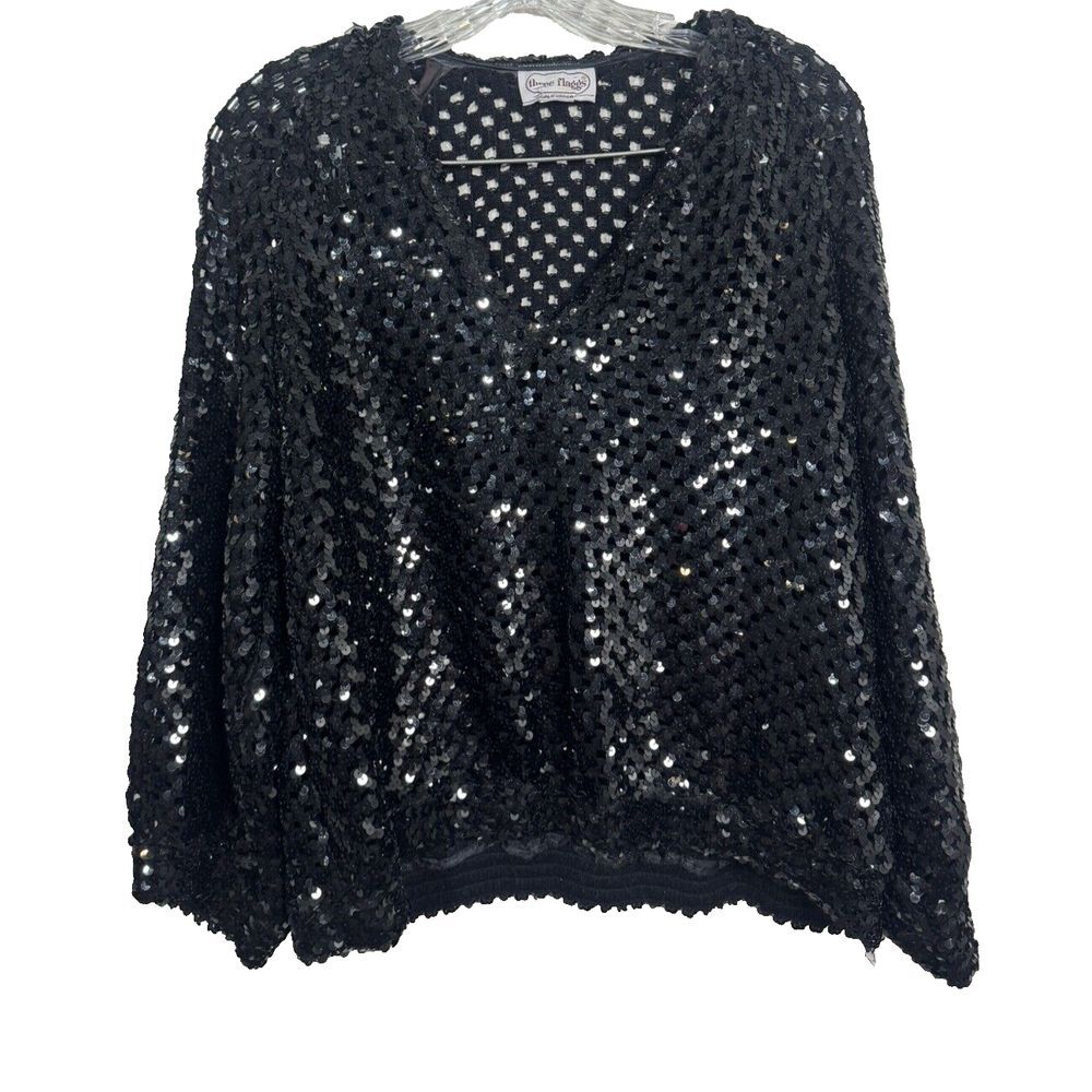 Vintage Three Flags‎ 1980s Black Sequined Open Knit Sweater Oversized  M/L